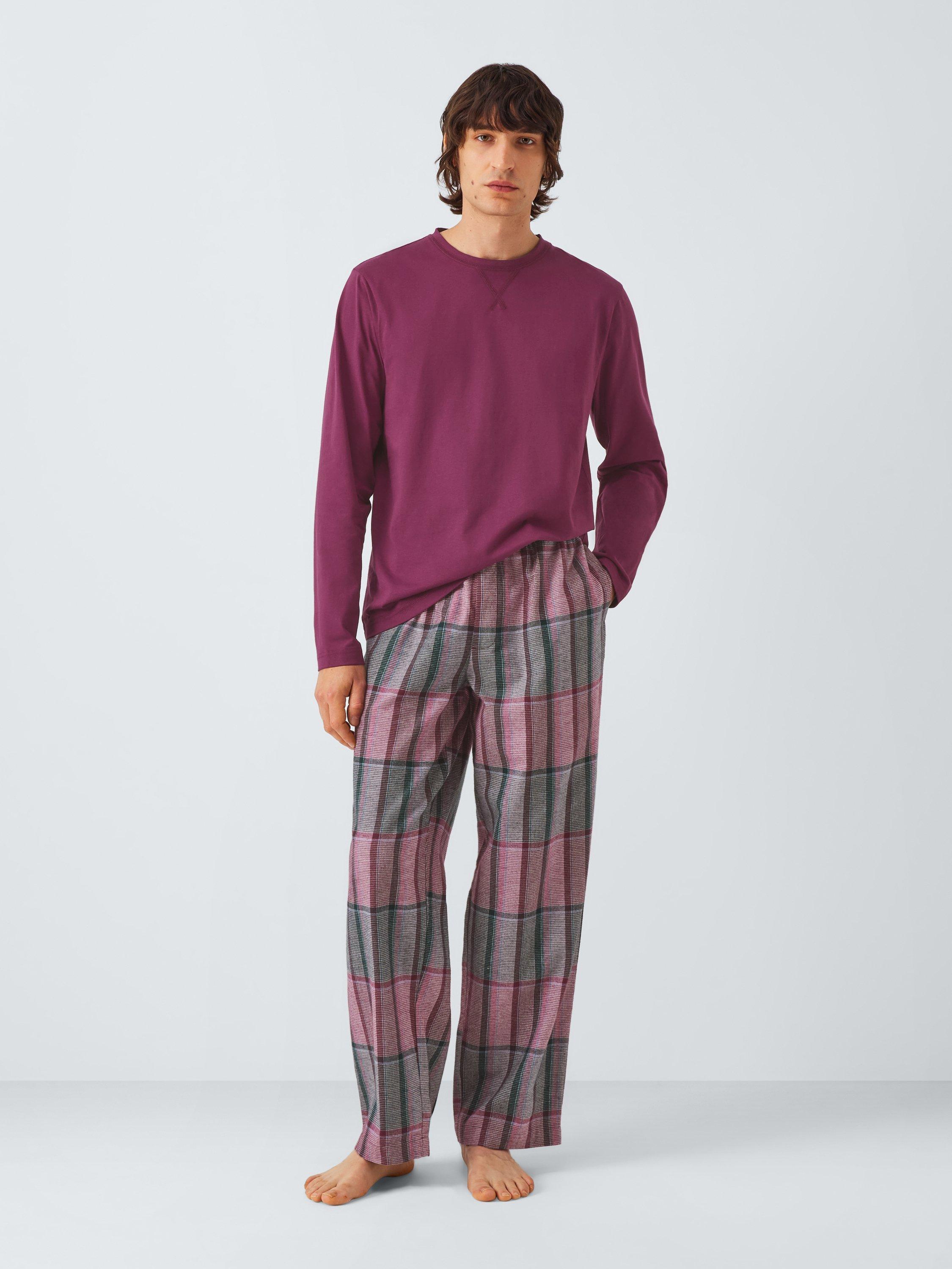 Product image 2 of 5, which shows John Lewis Organic Cotton Plain & Check Pyjama Set, Red Berry, M