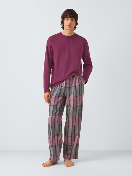John Lewis Organic Cotton Plain & Check Pyjama Set, Red Berry - view 2, Red Berry