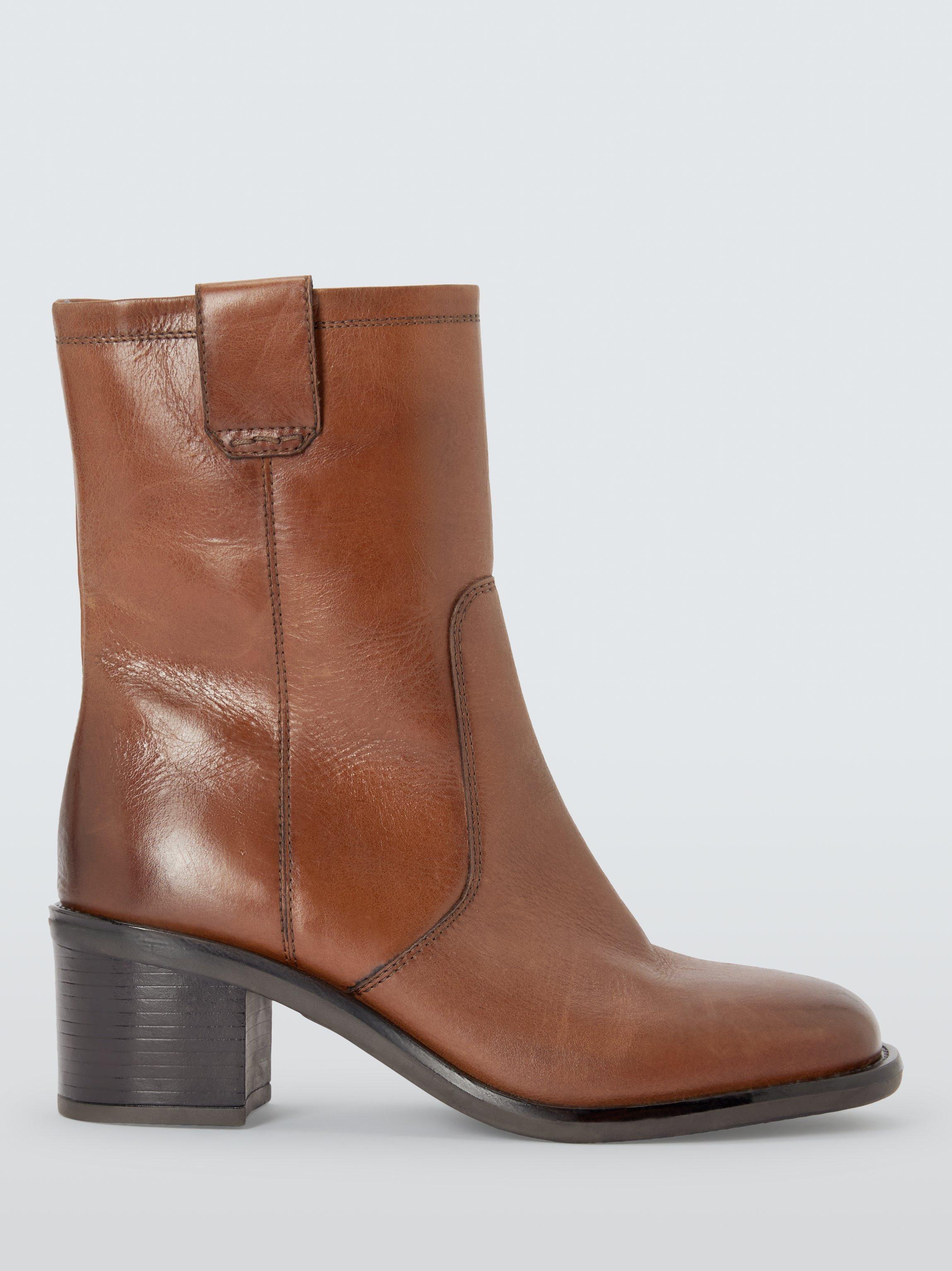 Product image 1 of 6, which shows John Lewis Saffron Leather Block Heel Pull On Day Ankle Boots, Brown, 8