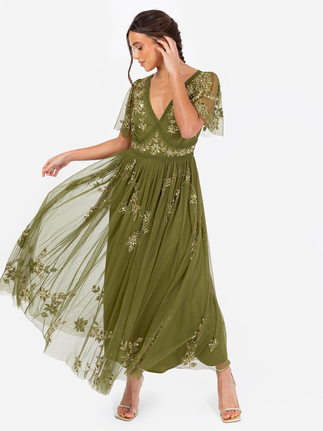 Product image 1 of 5, which shows Maya Deluxe Floral-Embellished Trim Midaxi Dress, Olive, 6