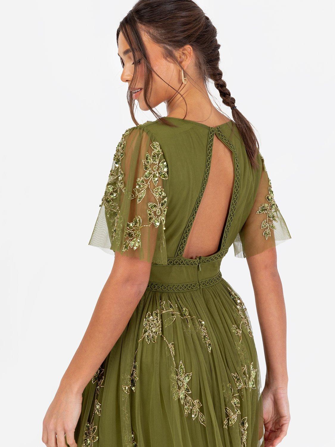 Product image 2 of 5, which shows Maya Deluxe Floral-Embellished Trim Midaxi Dress, Olive, 6