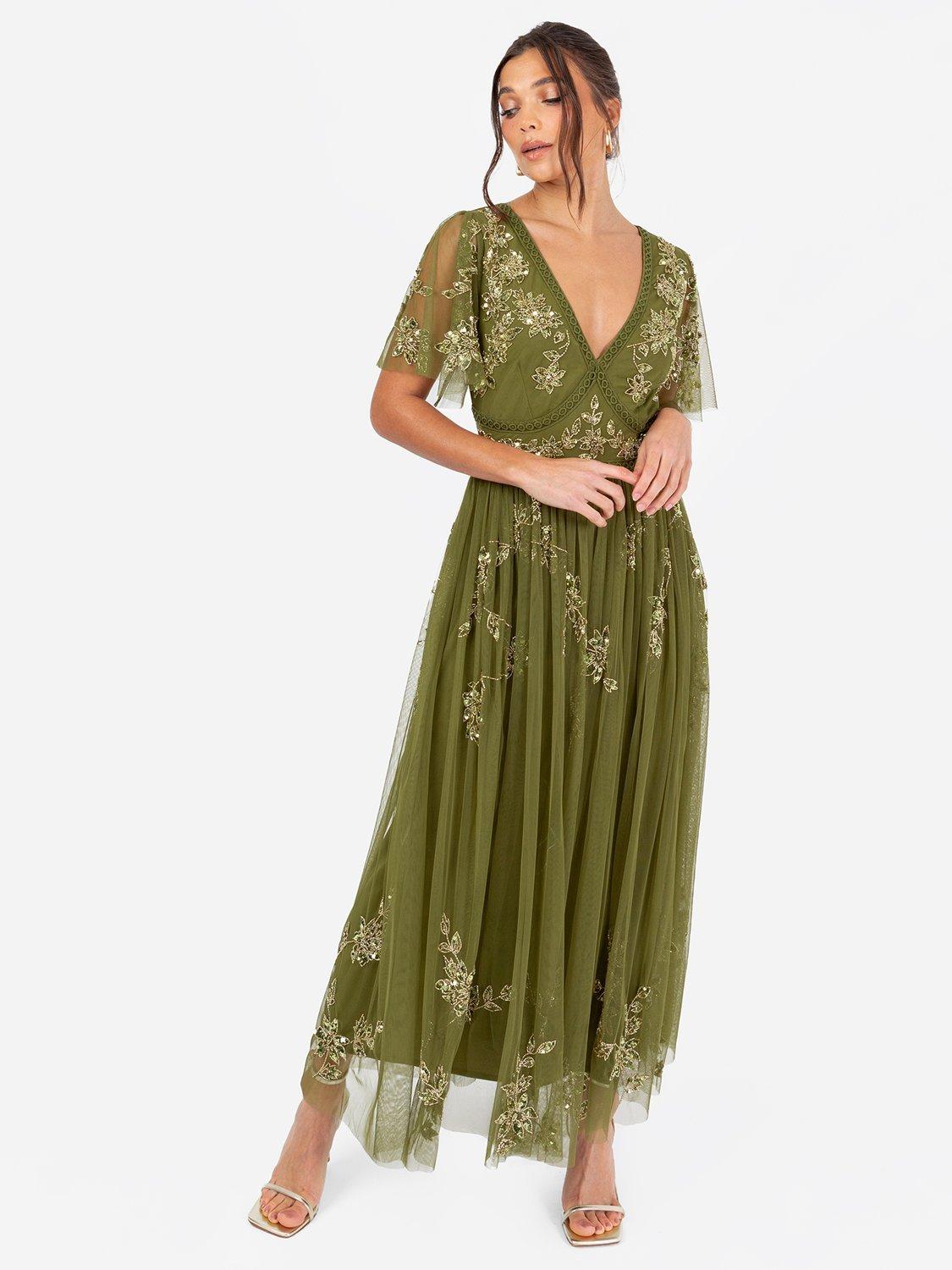 Product image 3 of 5, which shows Maya Deluxe Floral-Embellished Trim Midaxi Dress, Olive, 6