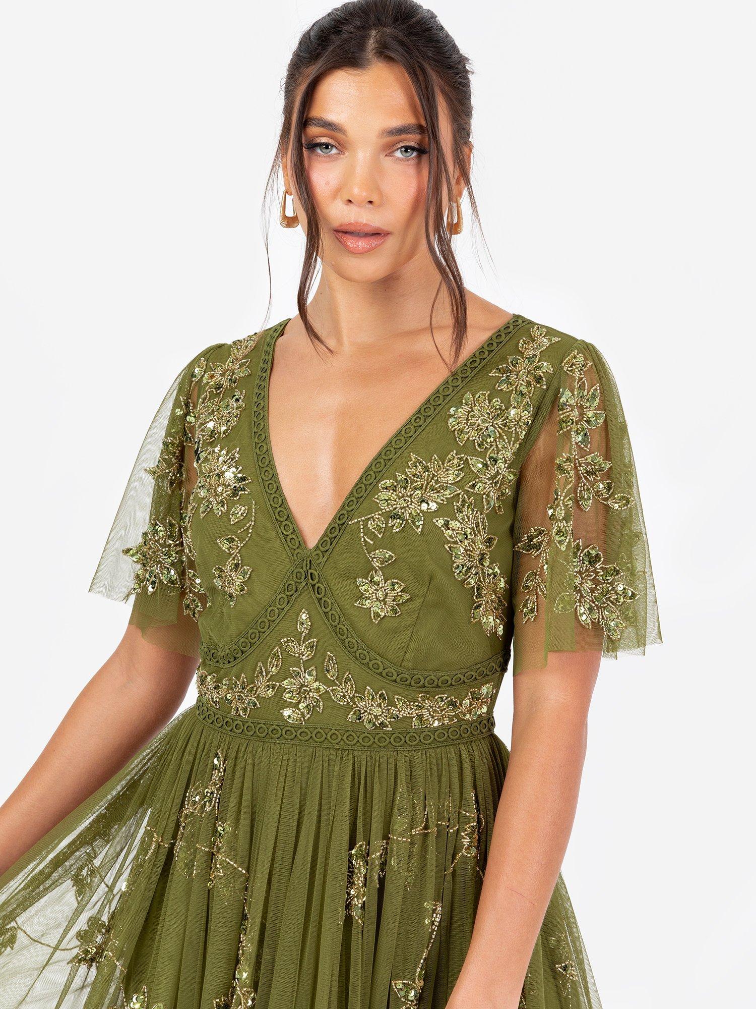 Product image 4 of 5, which shows Maya Deluxe Floral-Embellished Trim Midaxi Dress, Olive, 6