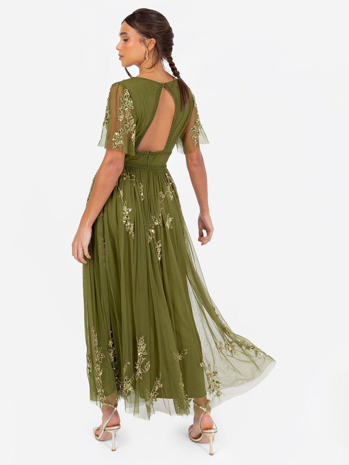 Product image 5 of 5, which shows Maya Deluxe Floral-Embellished Trim Midaxi Dress, Olive, 6