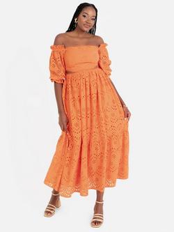 Maya Deluxe Broderie Anglaise Bardot Cotton Midaxi Dress, Orange