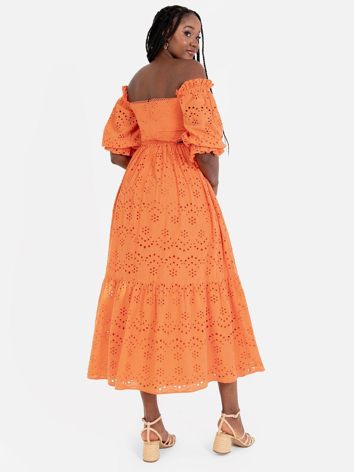 Product image 3 of 4, which shows Maya Deluxe Broderie Anglaise Bardot Cotton Midaxi Dress, Orange, 6