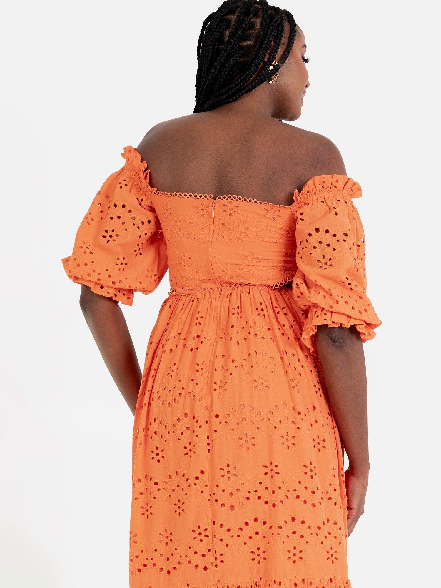 Product image 4 of 4, which shows Maya Deluxe Broderie Anglaise Bardot Cotton Midaxi Dress, Orange, 6