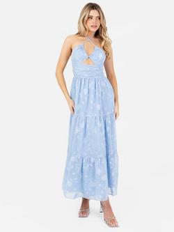 Maya Deluxe Floral Ruched Crossover Halterneck Mid Dress, Blue