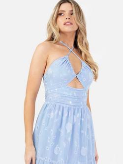 Maya Deluxe Floral Ruched Crossover Halterneck Mid Dress - view 2, Blue