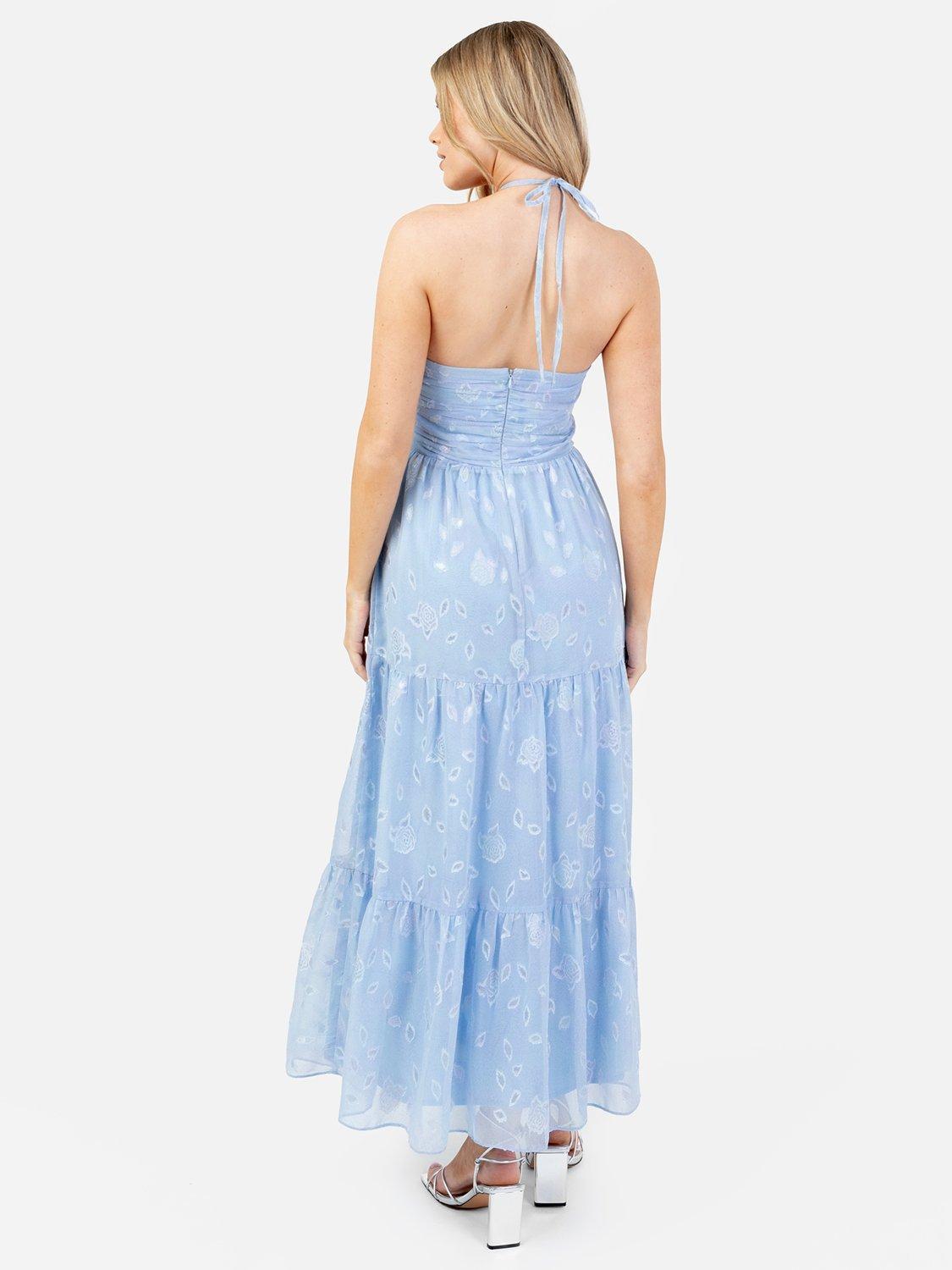 Product image 3 of 5, which shows Maya Deluxe Floral Ruched Crossover Halterneck Mid Dress, Blue, 6