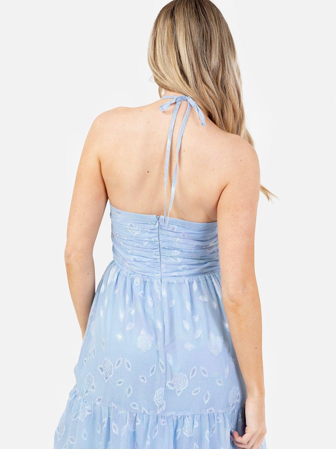 Product image 4 of 5, which shows Maya Deluxe Floral Ruched Crossover Halterneck Mid Dress, Blue, 6