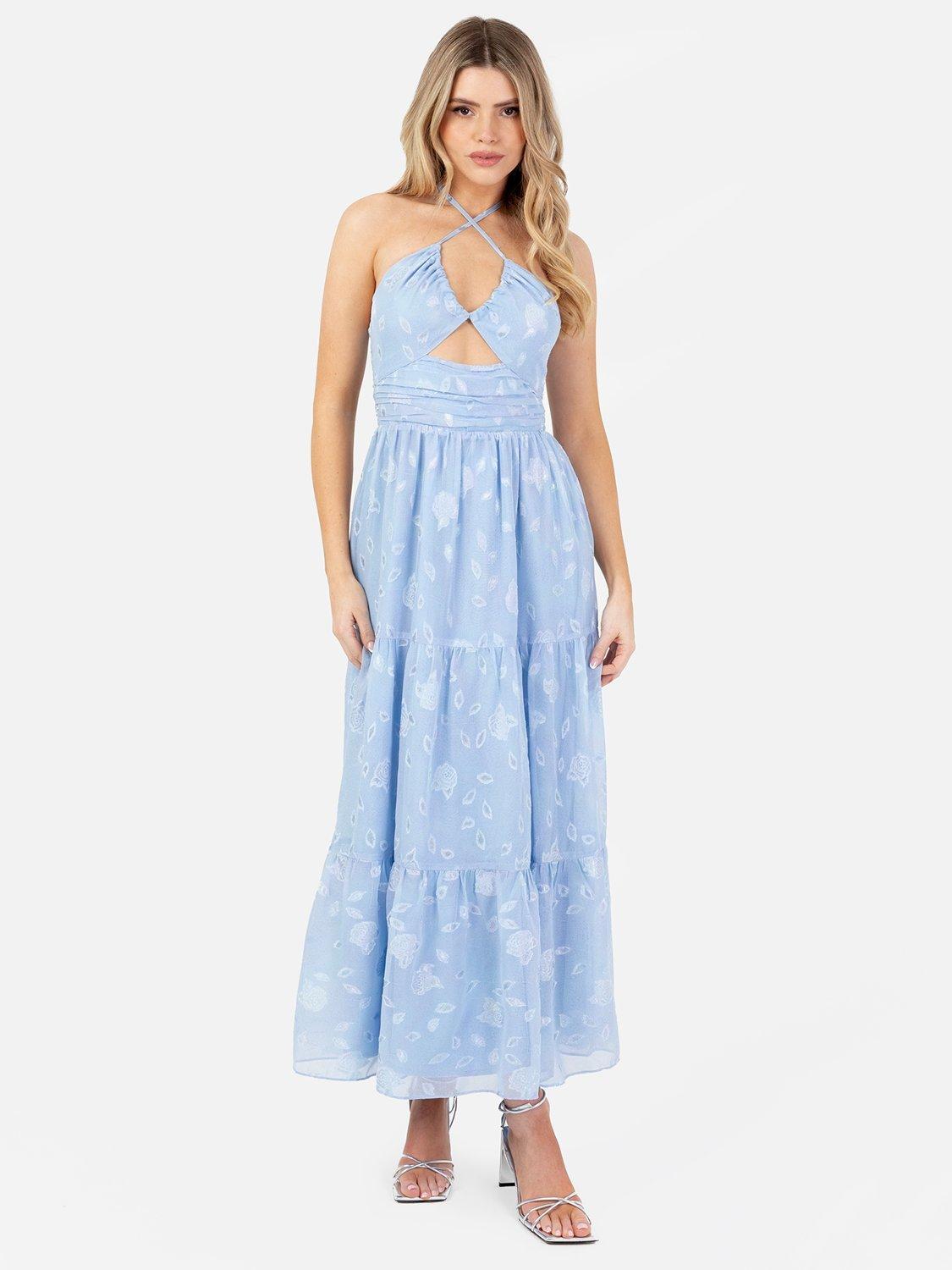 Product image 5 of 5, which shows Maya Deluxe Floral Ruched Crossover Halterneck Mid Dress, Blue, 6