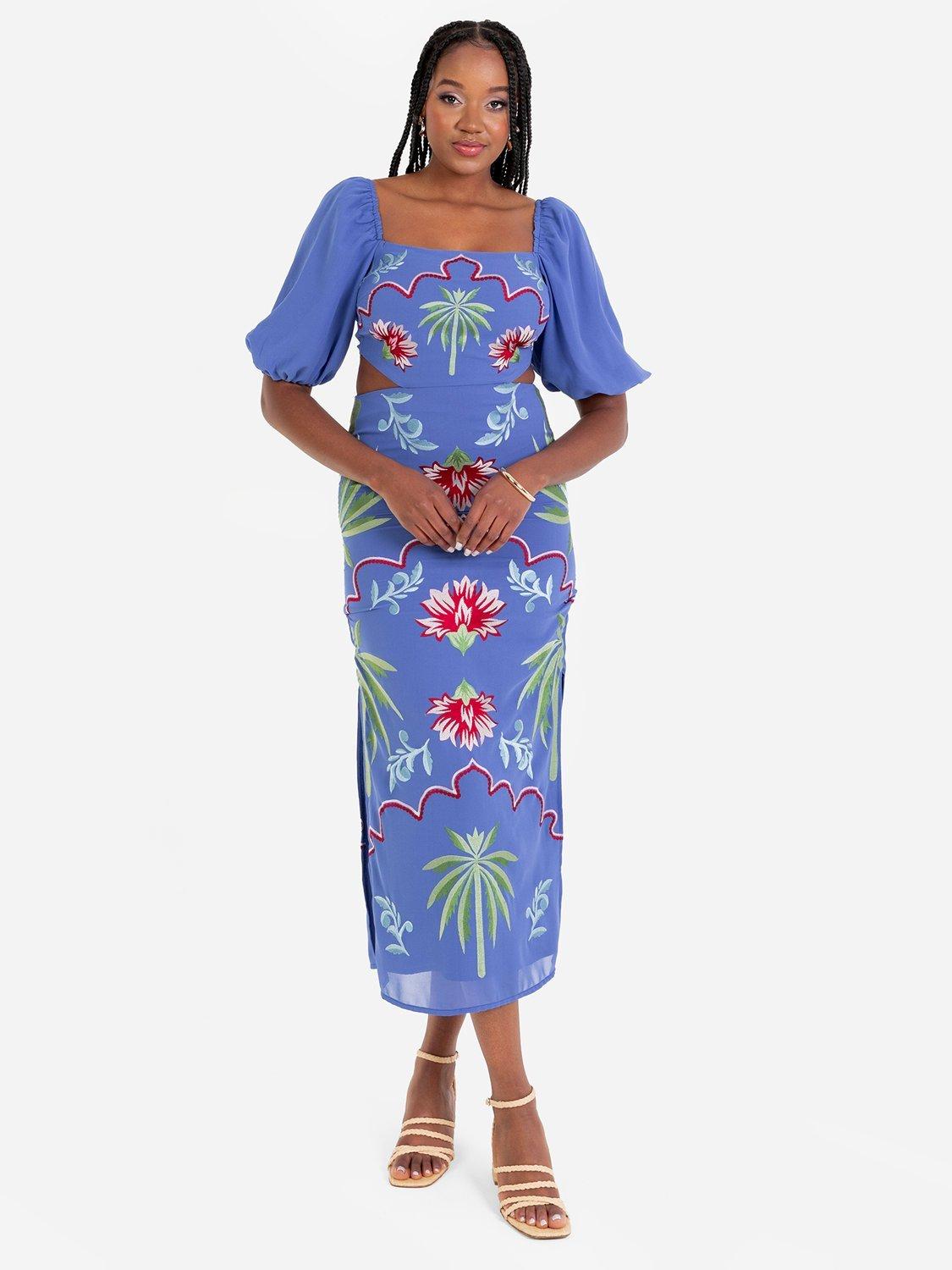 Product image 1 of 4, which shows Maya Deluxe Tropical Embroidered Print Midi Dress, Blue/Multi, 6