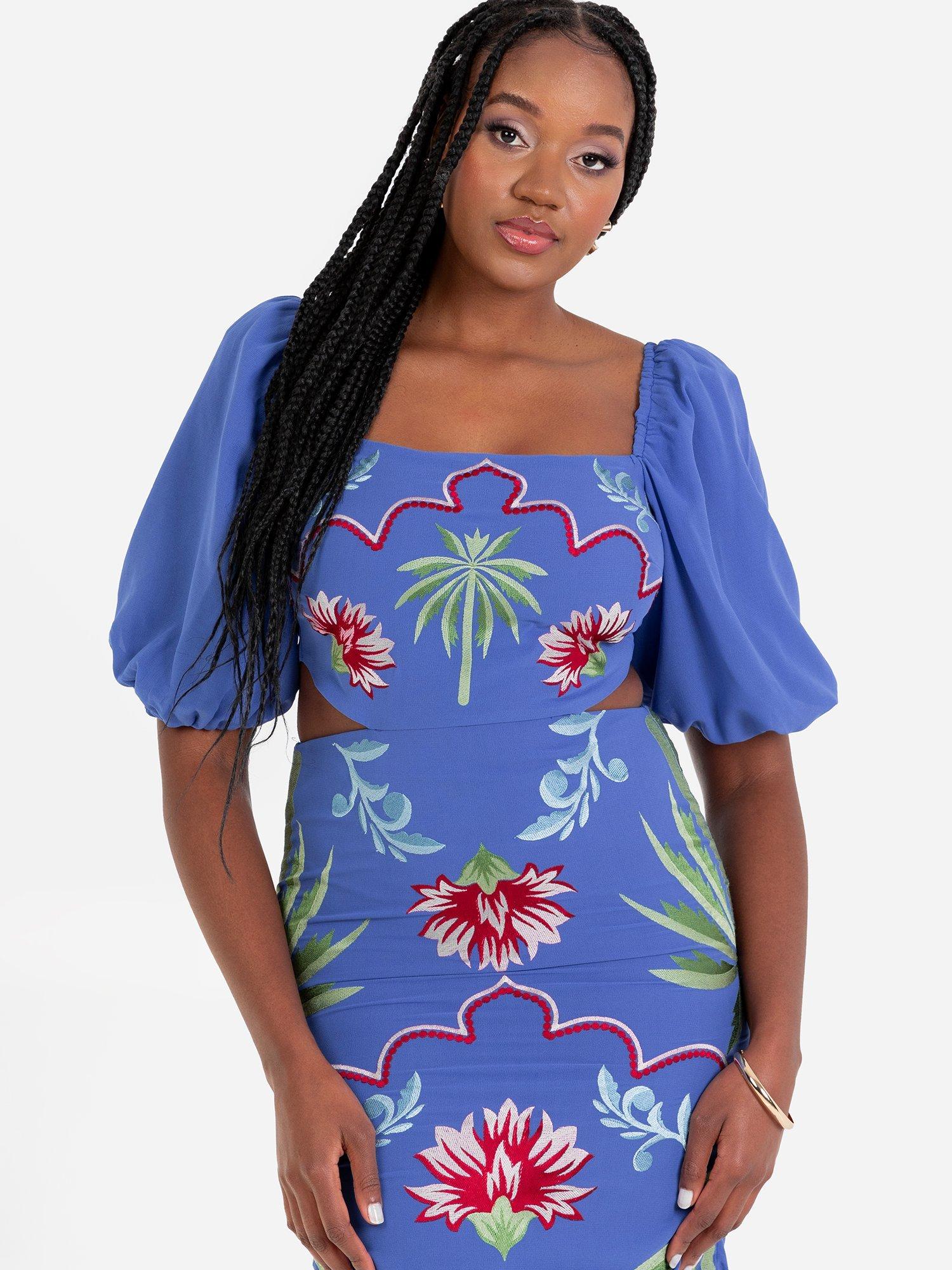 Product image 3 of 4, which shows Maya Deluxe Tropical Embroidered Print Midi Dress, Blue/Multi, 6
