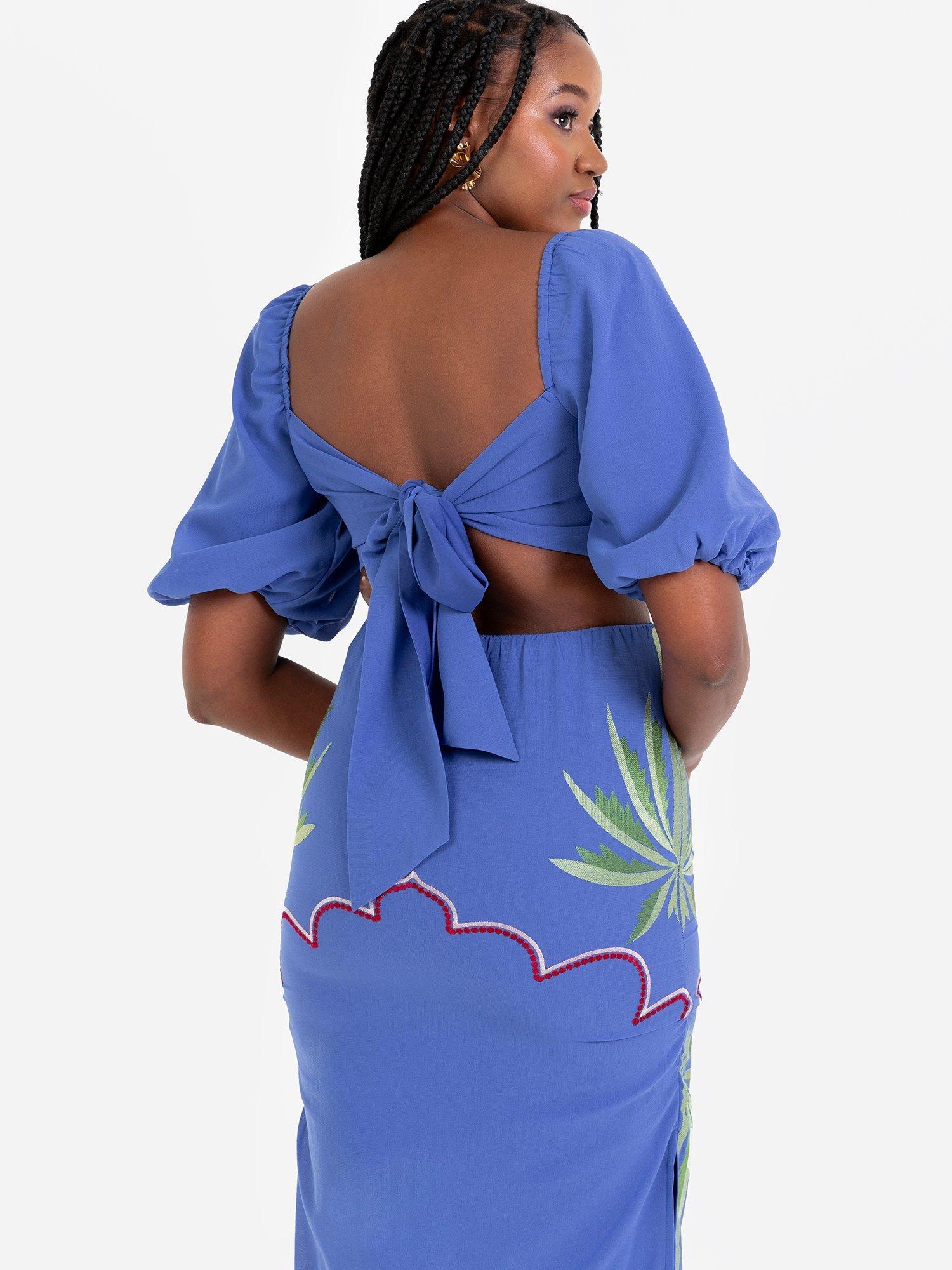 Product image 4 of 4, which shows Maya Deluxe Tropical Embroidered Print Midi Dress, Blue/Multi, 6