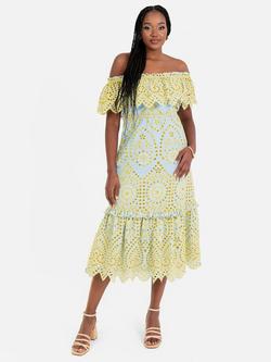 Maya Deluxe Broderie Anglaise Bardot Cotton Midi Dress, Blue/Yellow