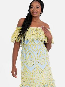 Maya Deluxe Broderie Anglaise Bardot Cotton Midi Dress - view 2, Blue/Yellow