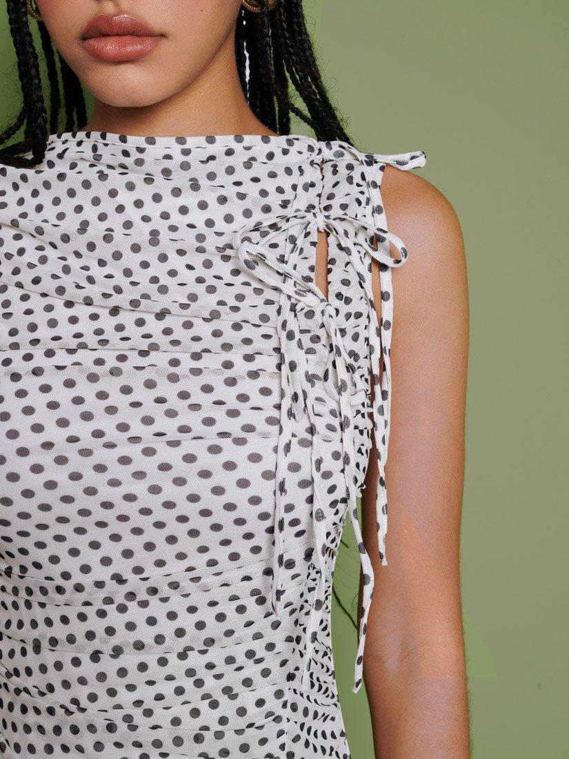 Product image 6 of 6, which shows GHOSPELL Martina Polka Dot Midi Dress, White/Black, 6