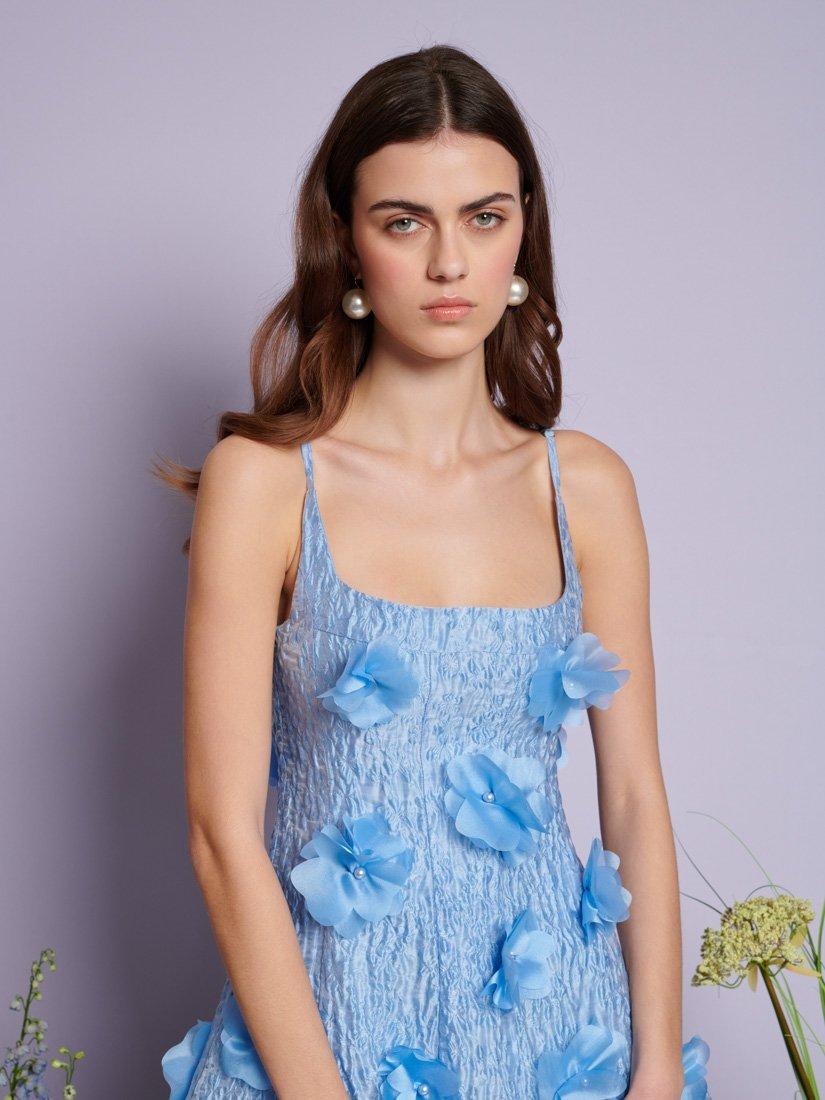 Product image 5 of 6, which shows Sister Jane Blooming Floral Jacquard 3D Flower Mini Dress, Blue, 6
