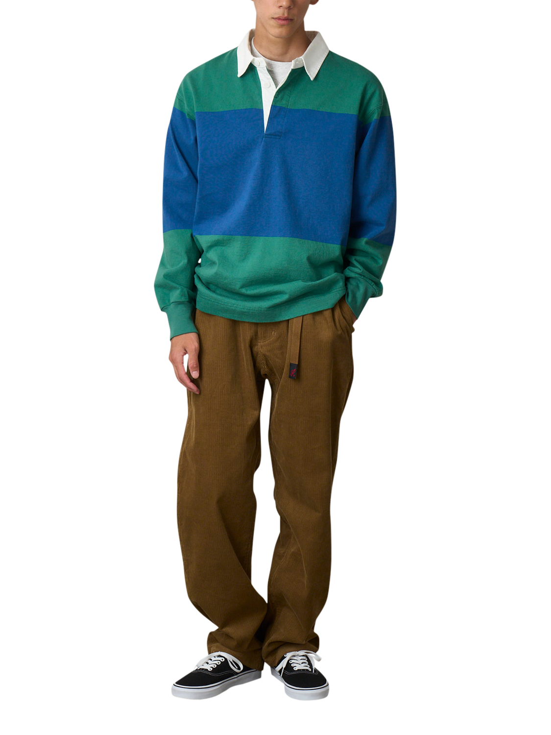 Product image 1 of 3, which shows Gramicci Colour Block Cotton Rugby Shirt, Cerulean / Emerald, M