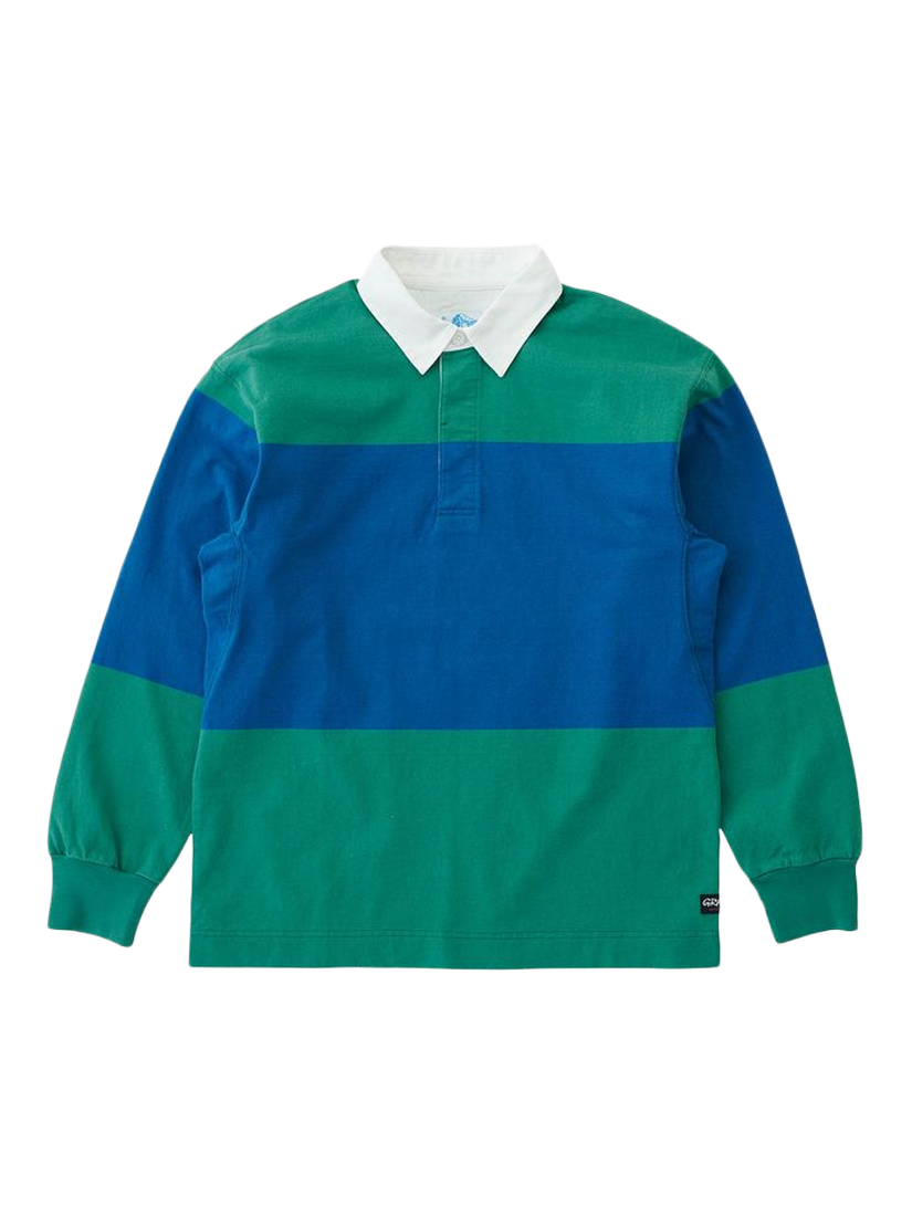 Product image 3 of 3, which shows Gramicci Colour Block Cotton Rugby Shirt, Cerulean / Emerald, M