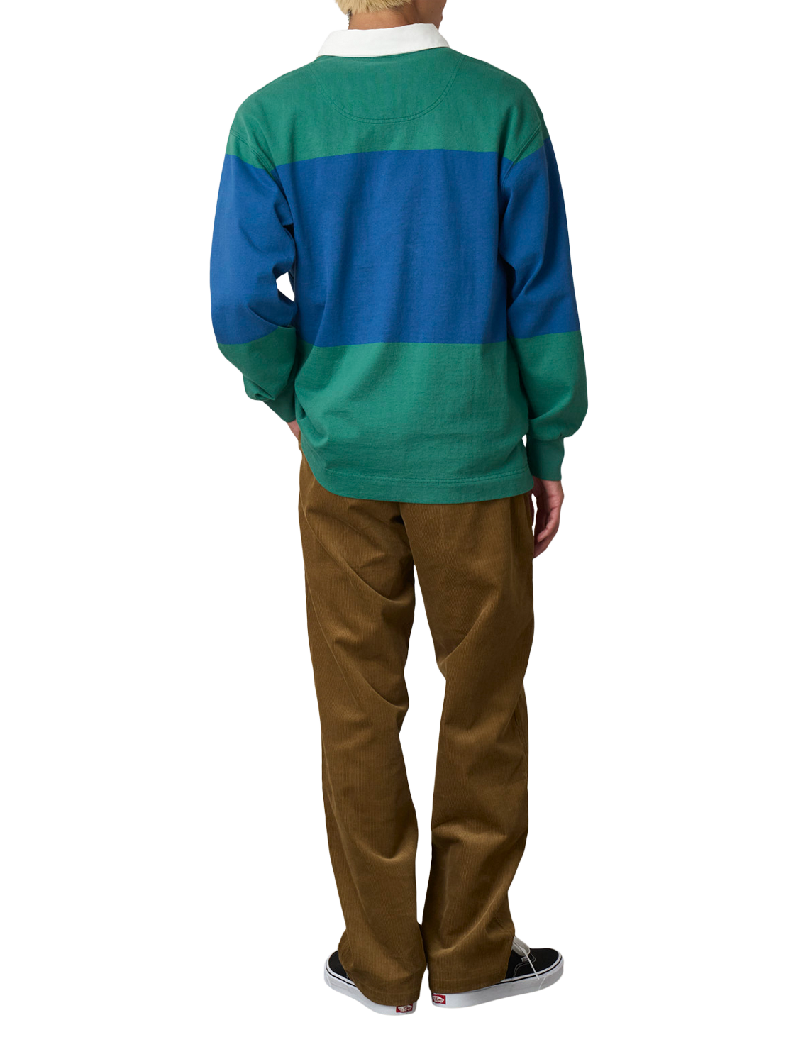 Product image 2 of 3, which shows Gramicci Colour Block Cotton Rugby Shirt, Cerulean / Emerald, M