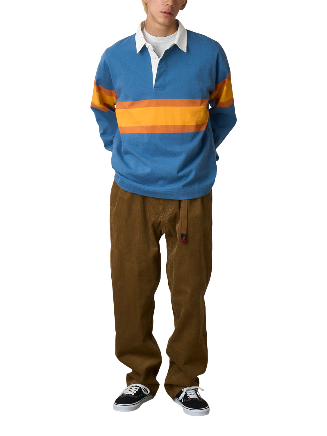 Product image 1 of 3, which shows Gramicci Colour Block Cotton Rugby Shirt, Sky/Apricot, S