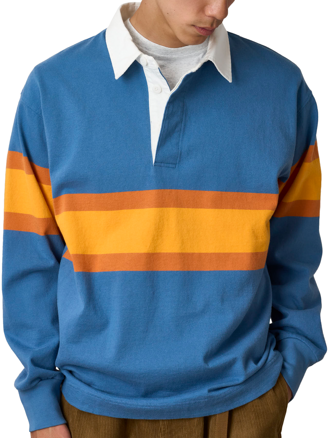 Product image 2 of 3, which shows Gramicci Colour Block Cotton Rugby Shirt, Sky/Apricot, S