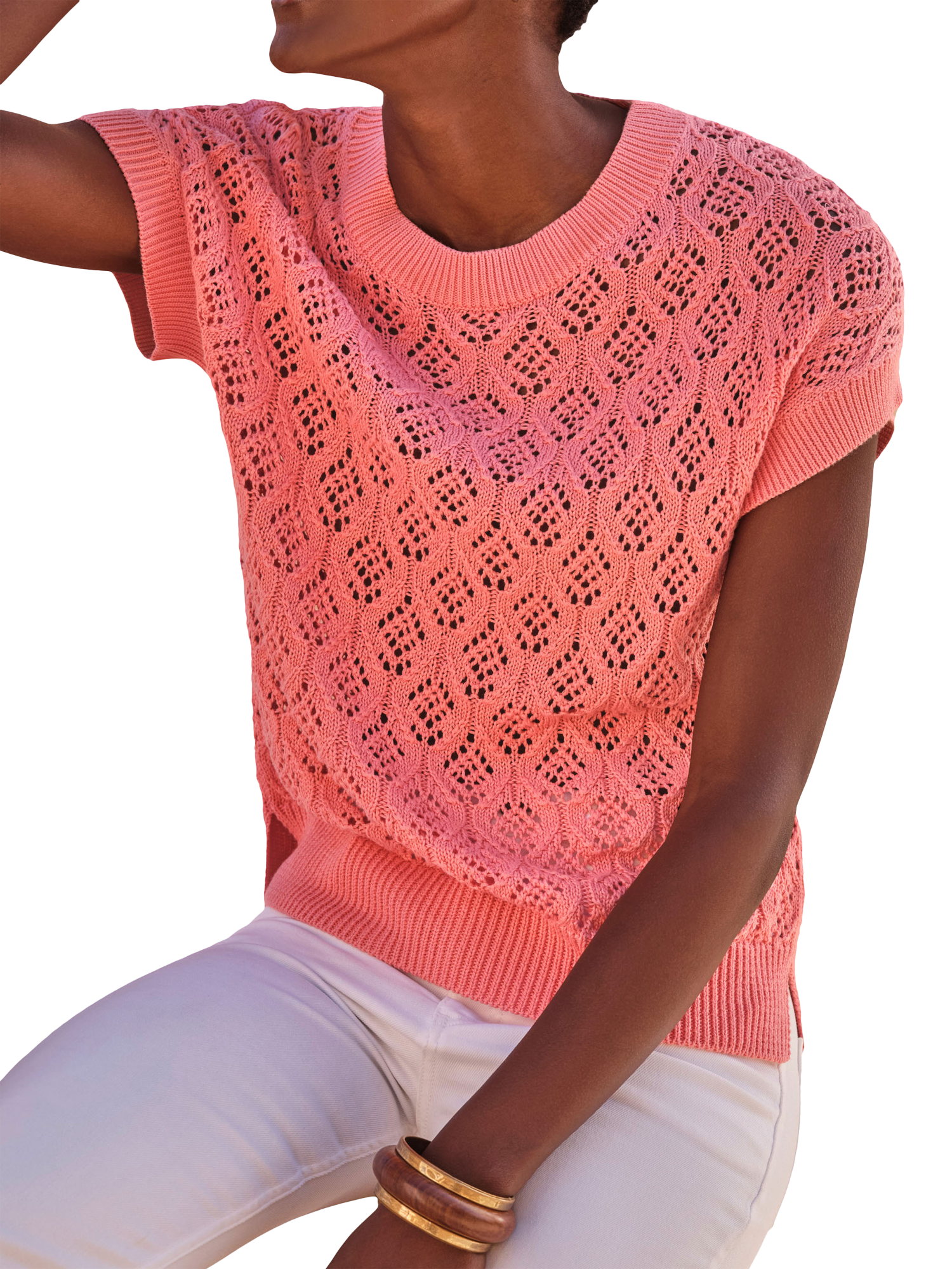 Product image 1 of 3, which shows Pure Collection Cotton Lace Knit Top, Pink, 8