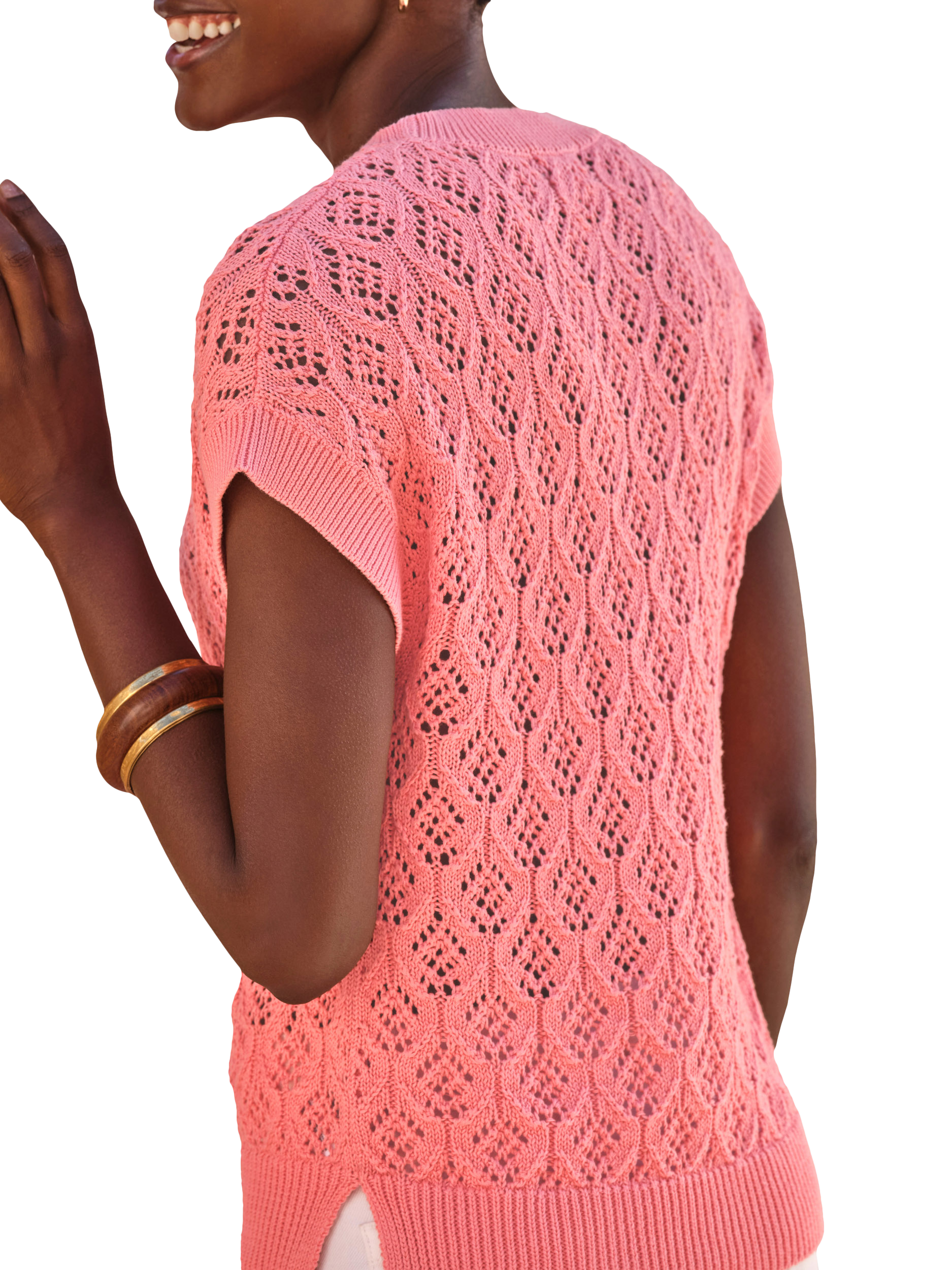 Product image 2 of 3, which shows Pure Collection Cotton Lace Knit Top, Pink, 8