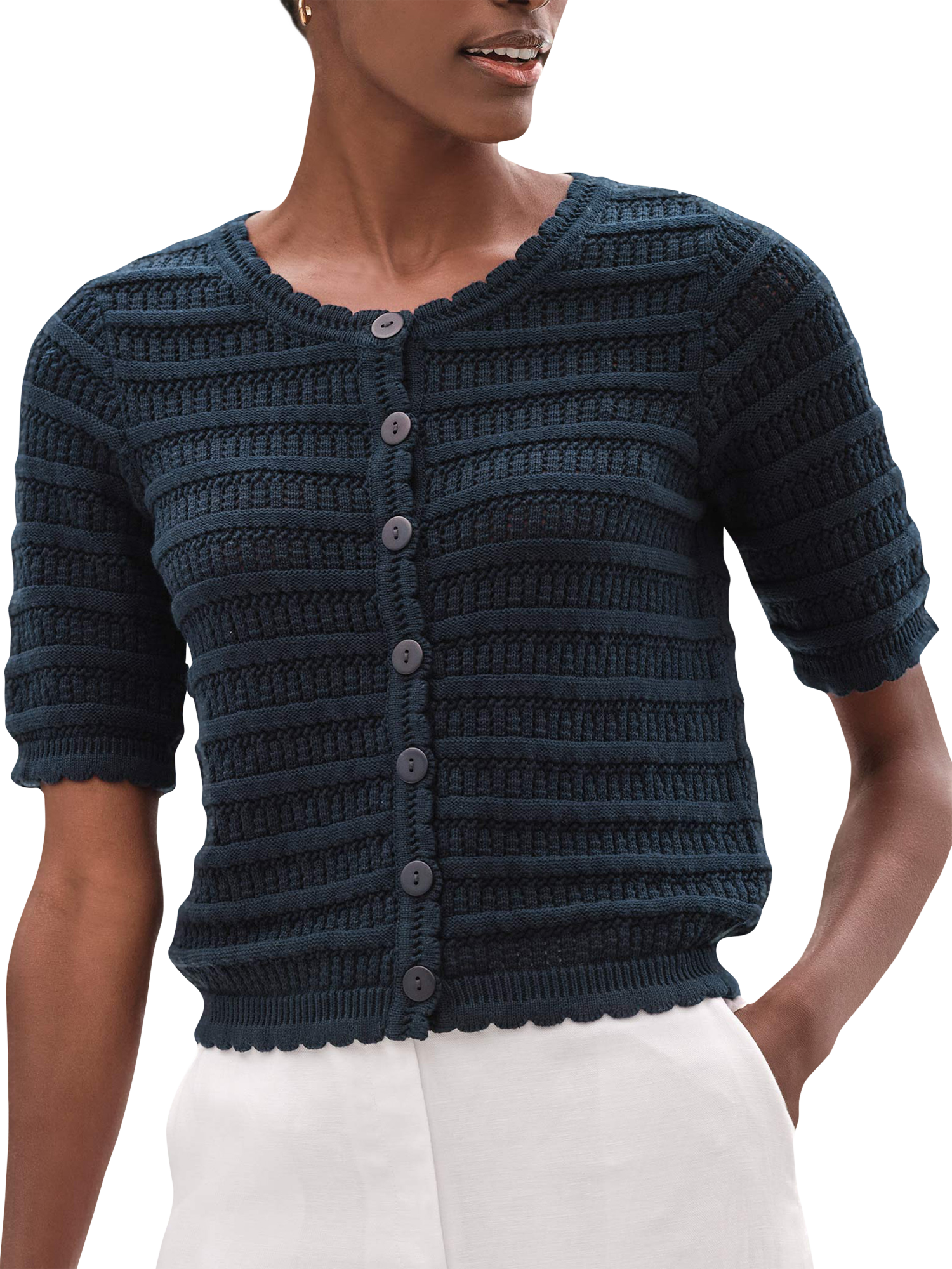 Product image 1 of 3, which shows Pure Collection Short Sleeve Crochet Trim Cardigan, Navy, 8