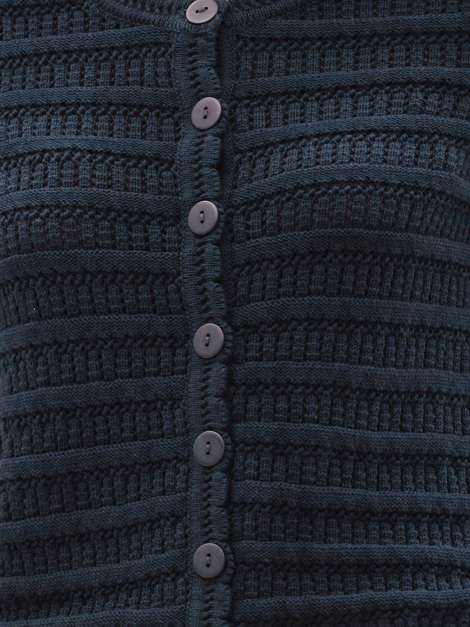 Product image 2 of 3, which shows Pure Collection Short Sleeve Crochet Trim Cardigan, Navy, 8