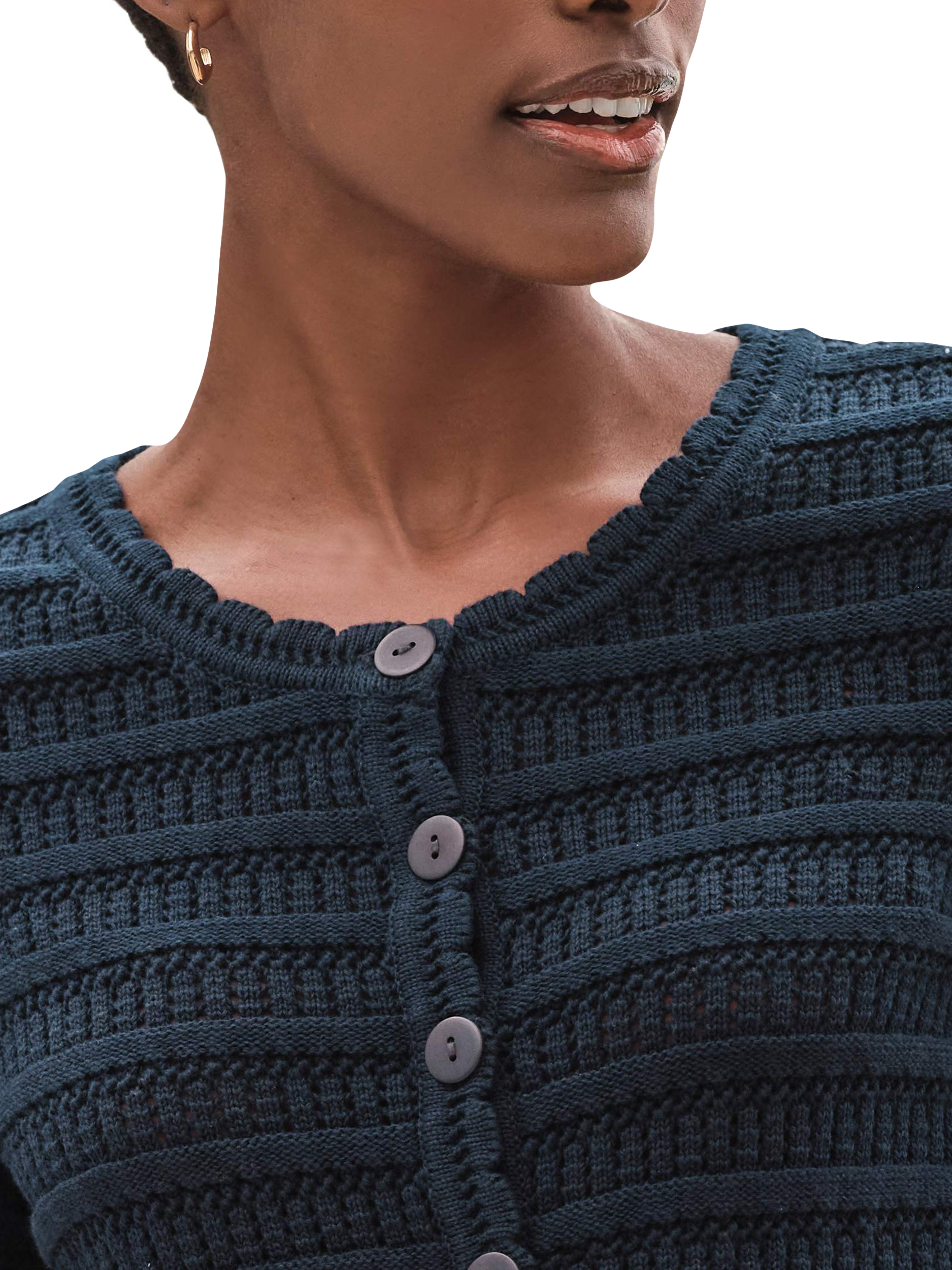 Product image 3 of 3, which shows Pure Collection Short Sleeve Crochet Trim Cardigan, Navy, 8