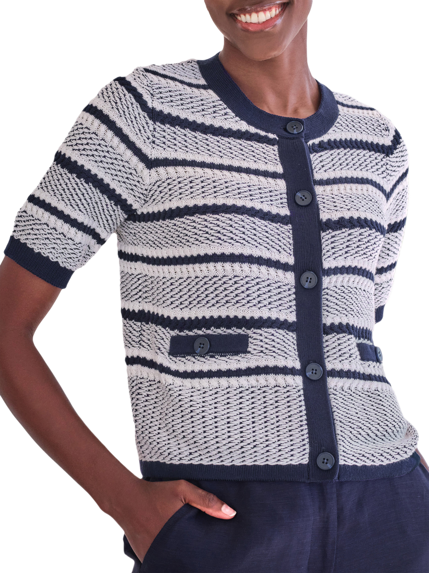 Product image 1 of 3, which shows Pure Collection Stripe Short Sleeve Cardigan, White/Multi, 8