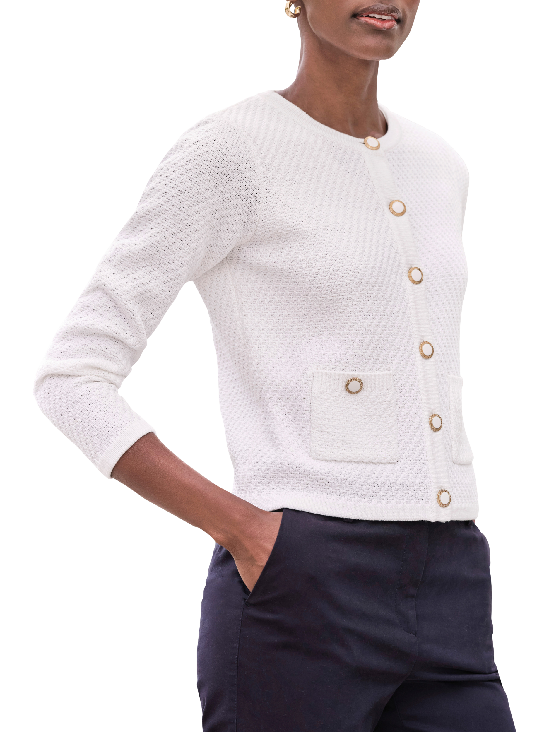 Product image 1 of 3, which shows Pure Collection Cotton Twist Textured Cardigan, White, 8