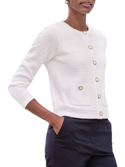 Pure Collection Cotton Twist Textured Cardigan, White, White