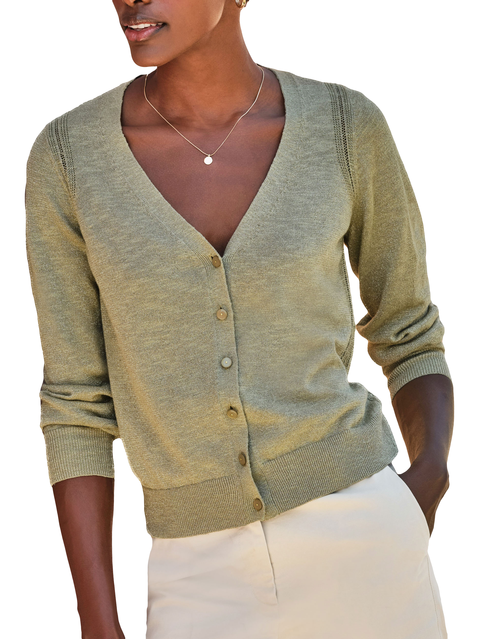Product image 1 of 3, which shows Pure Collection Linen Blend Sparkle Cardigan, Khaki, 8
