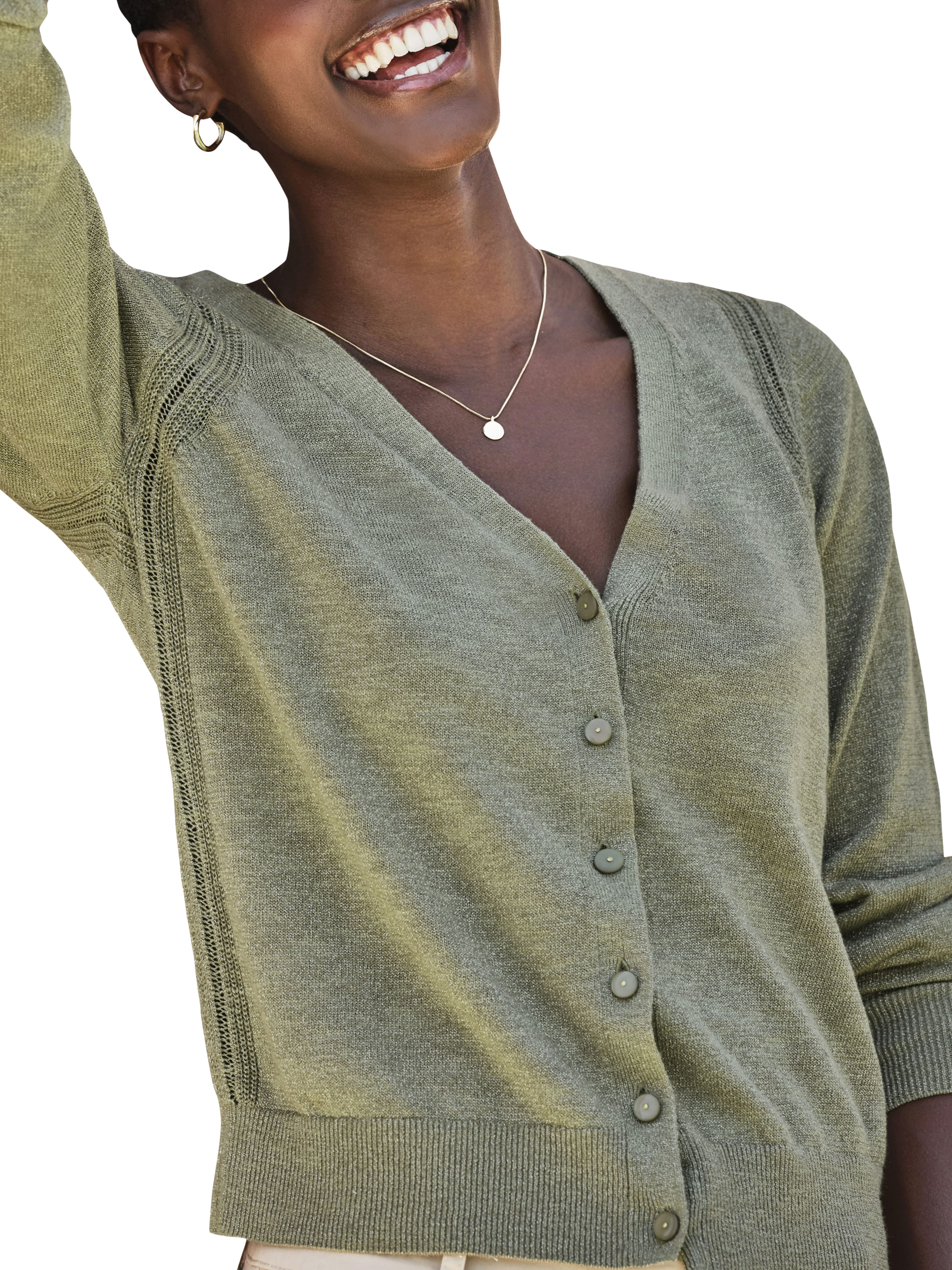 Product image 3 of 3, which shows Pure Collection Linen Blend Sparkle Cardigan, Khaki, 8