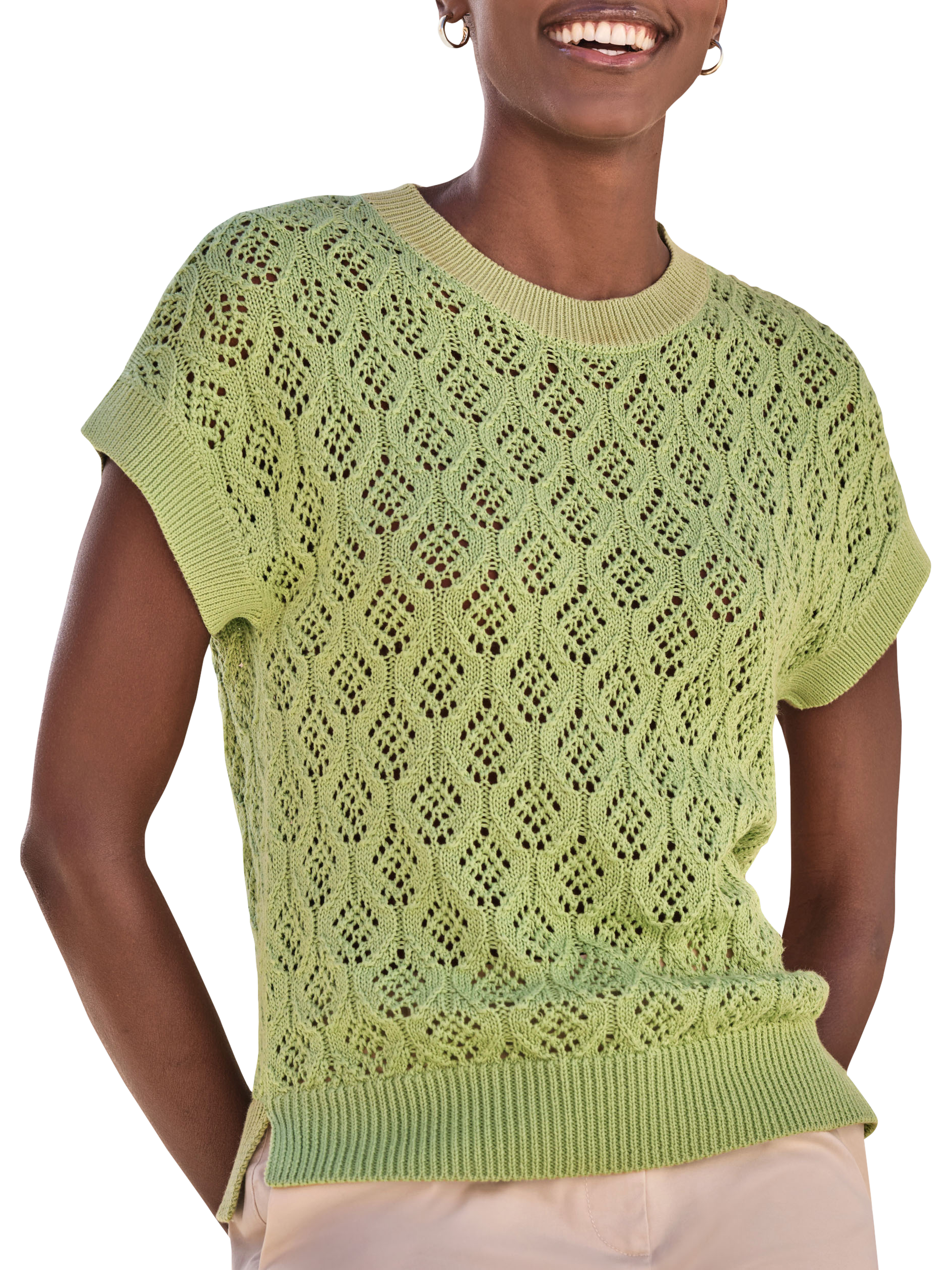Product image 1 of 3, which shows Pure Collection Cotton Lace Knit Top, Green, 8