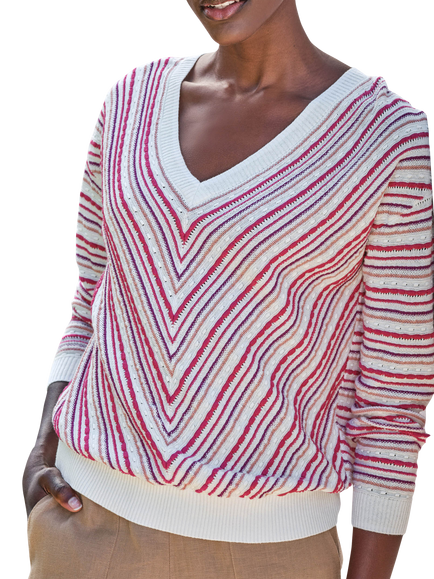 Pure Collection Linen Blend Chevron Stripe Sweater, Pink/Multi, Pink/Multi