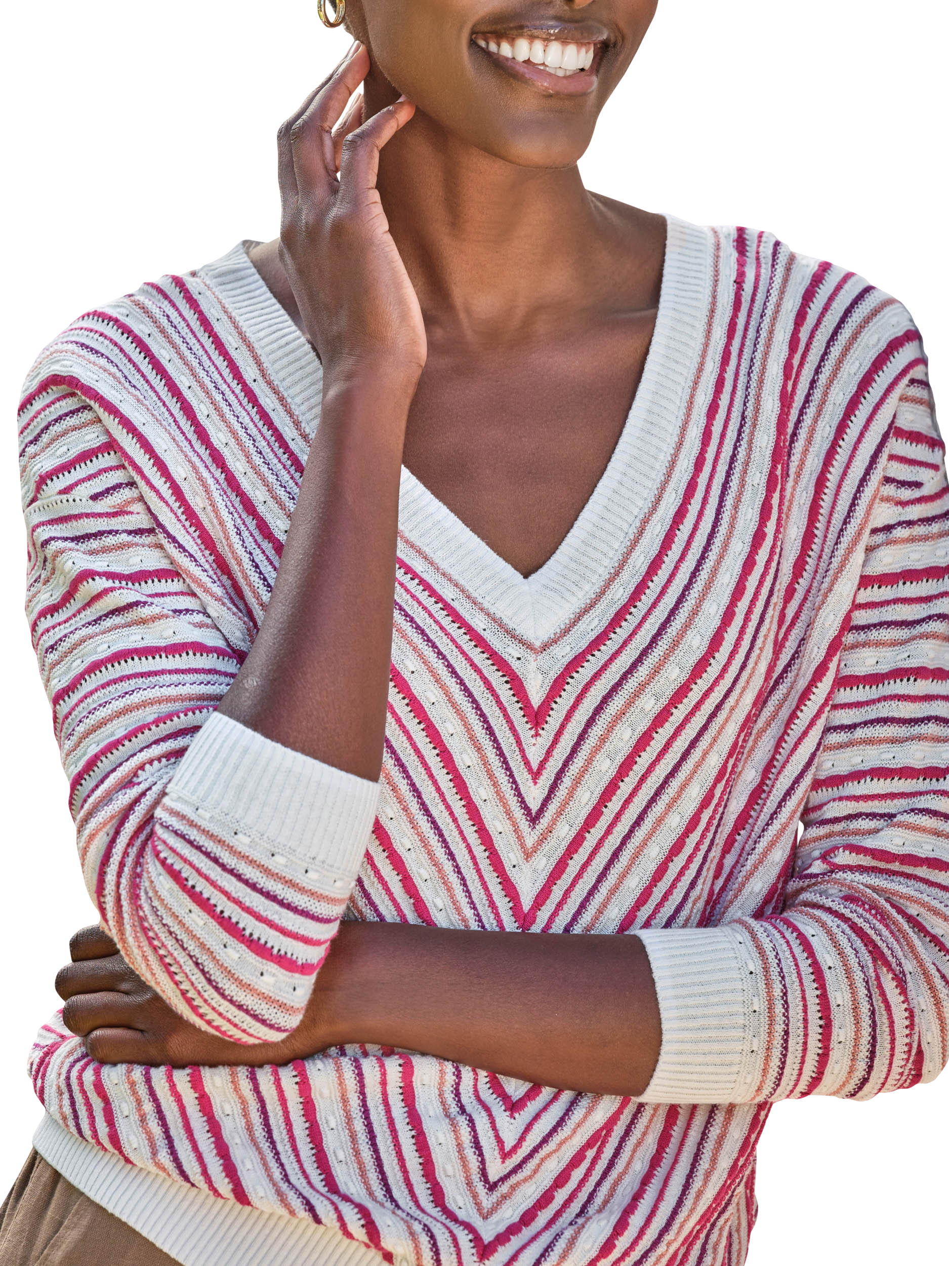 Product image 2 of 3, which shows Pure Collection Linen Blend Chevron Stripe Sweater, Pink/Multi, 8