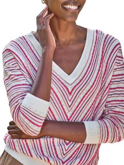 Pure Collection Linen Blend Chevron Stripe Sweater, Pink/Multi - view 2, Pink/Multi