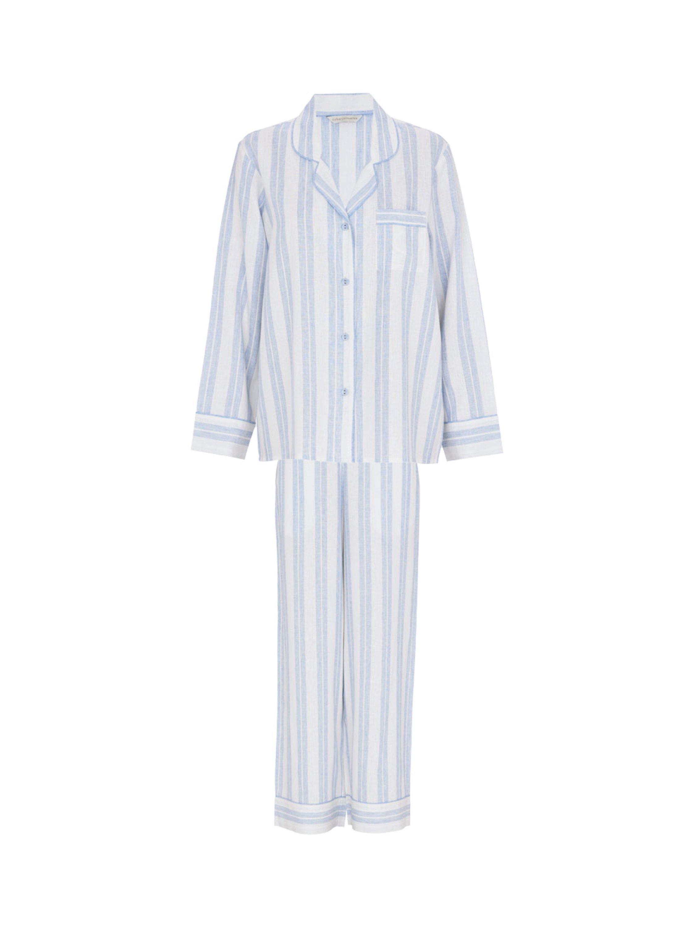 Product image 2 of 2, which shows Cyberjammies Stripe Linen Blend Shirt Long Pyjama Set, Blue, 22