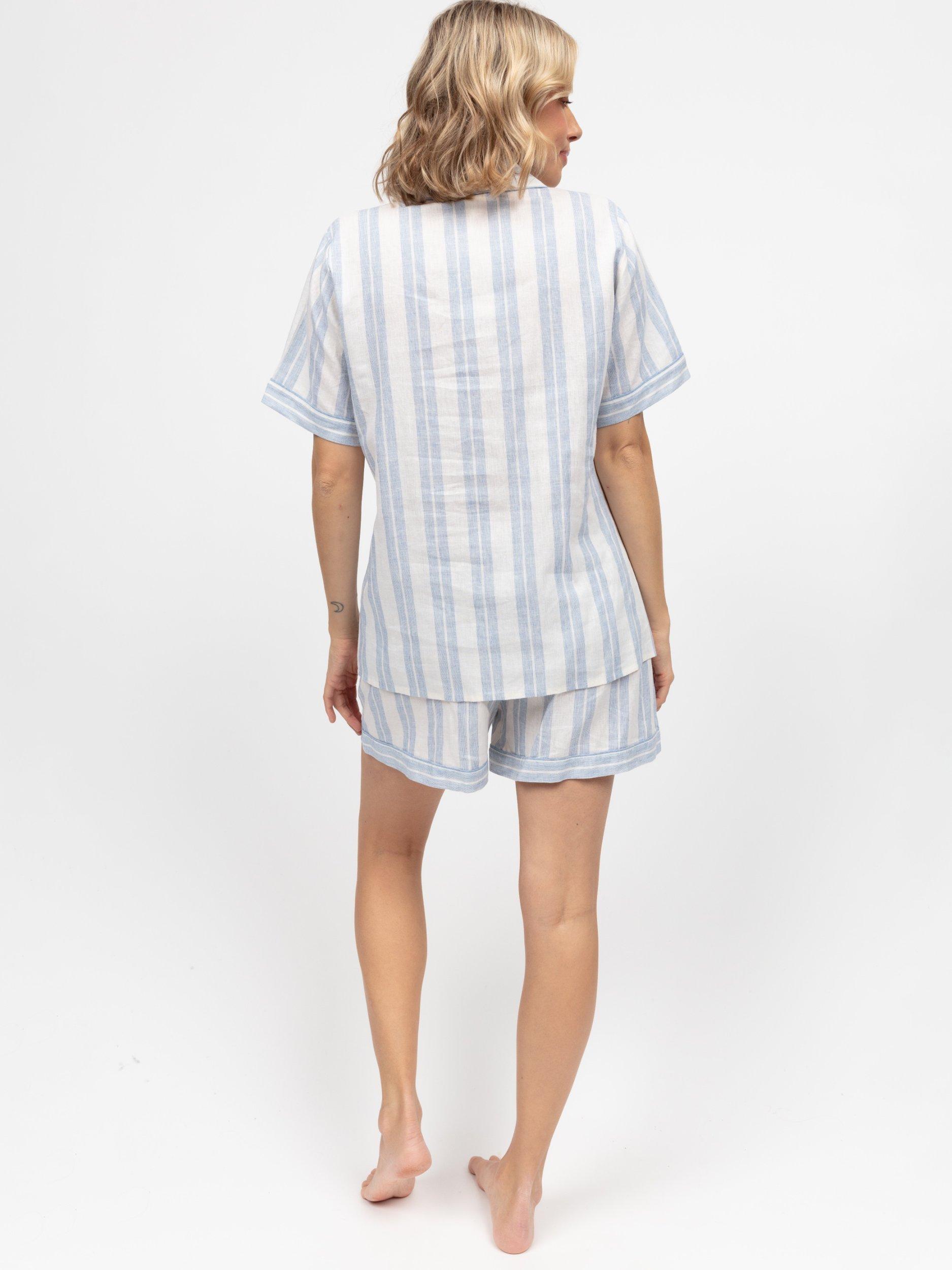 Product image 2 of 4, which shows Cyberjammies Stripe Linen Blend Shorty Pyjama Set, Blue/White, 6