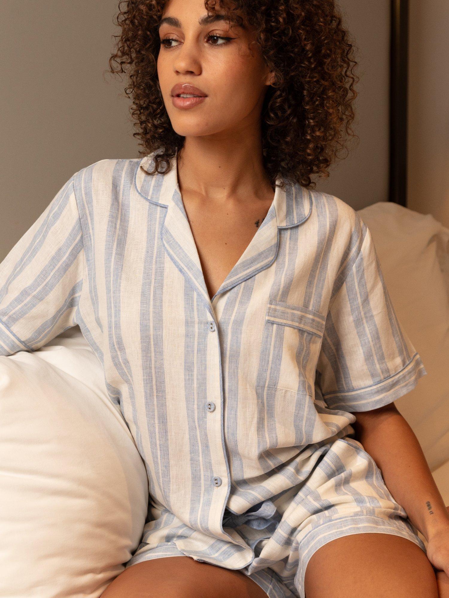 Product image 3 of 4, which shows Cyberjammies Stripe Linen Blend Shorty Pyjama Set, Blue/White, 6