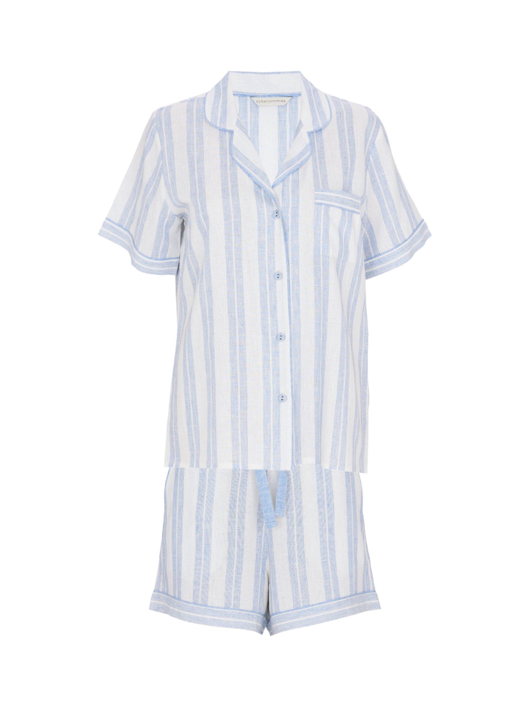 Product image 4 of 4, which shows Cyberjammies Stripe Linen Blend Shorty Pyjama Set, Blue/White, 6
