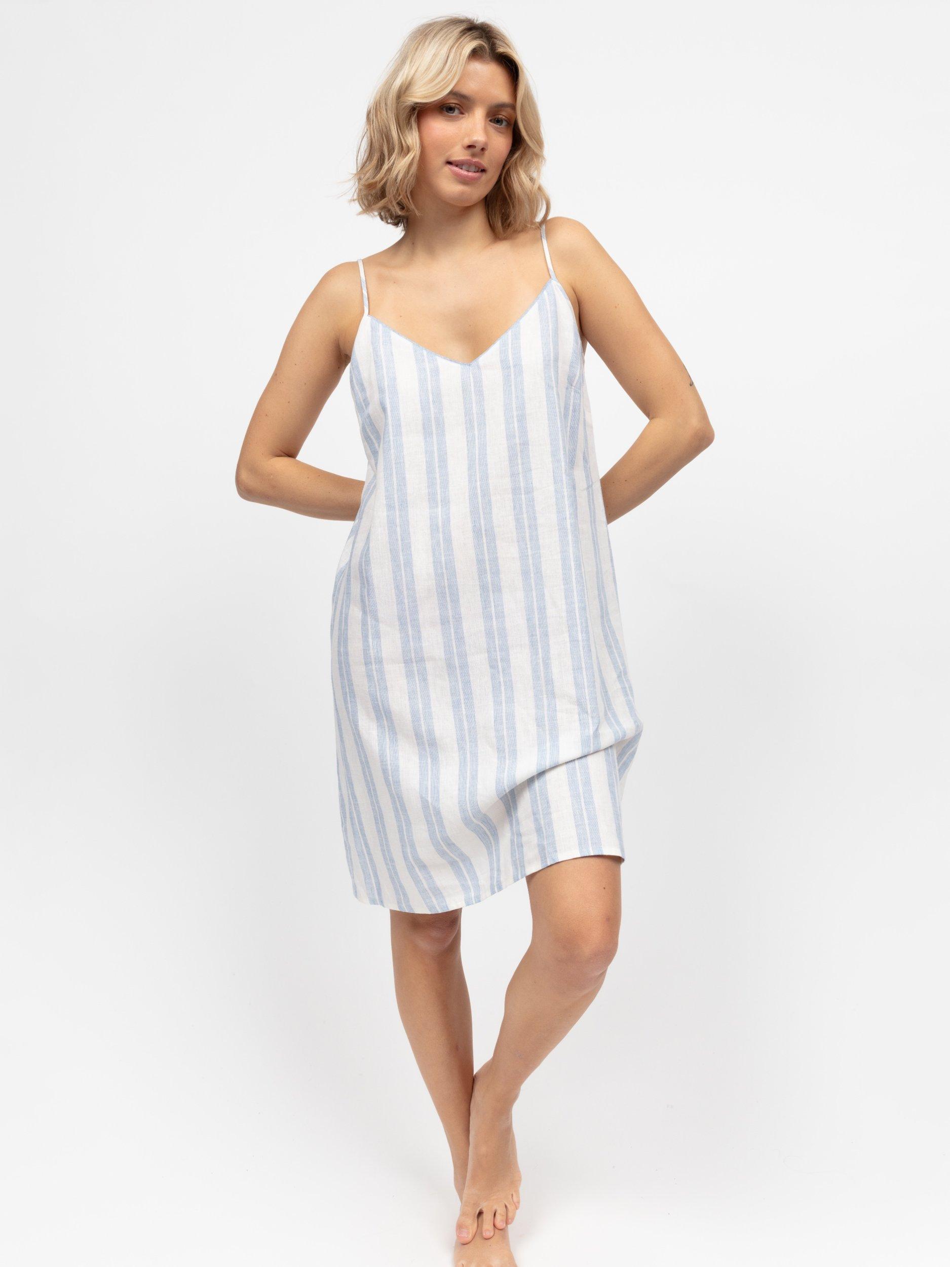 Product image 1 of 4, which shows Cyberjammies Stripe Linen Blend Strappy Nightdress, Blue/White, 6