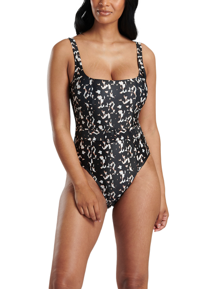 South Beach Leopard Print Belted Swimsuit, Multi, Multi