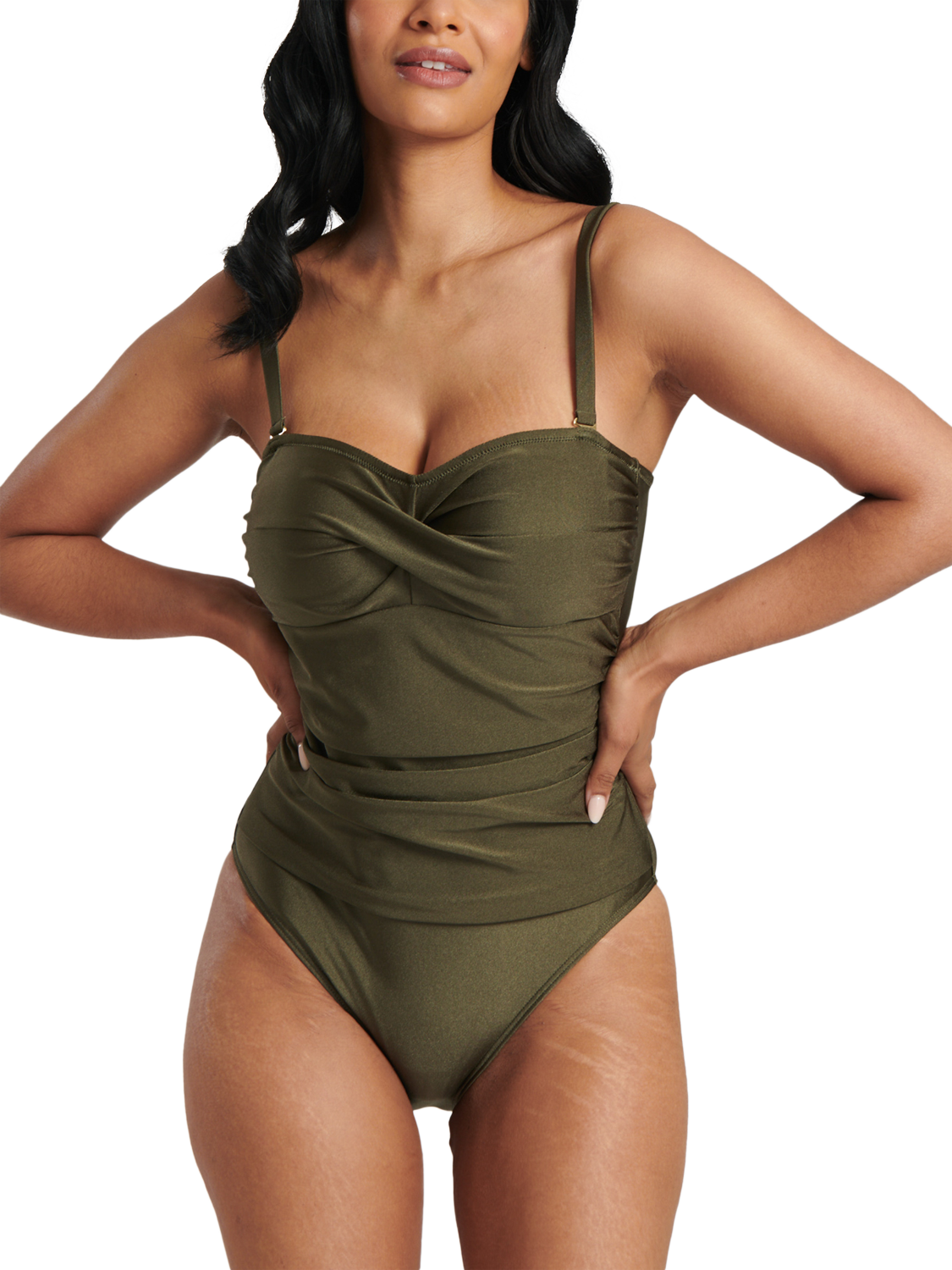 Product image 1 of 4, which shows South Beach Bandeau Tummy Control Swimsuit, Olive, 8