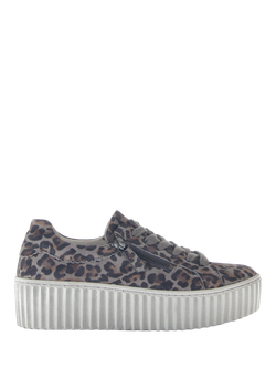 Gabor Dolly Suede Chunky Lace Up Leopard Print Trainers, Grey, Grey/Multi